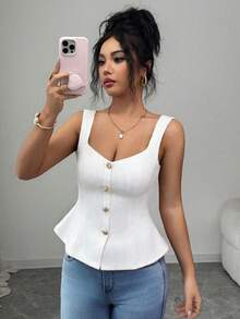 Elenzga Áo tank top nữ thời trang thanh lịch, màu trơn, cổ vuông, cài cúc phía trước, xếp ly ở eo, ôm sát, dây đeo rộng. - trắng - Xem 5