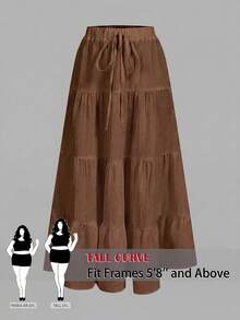 SHEIN Tall CURVE CURVE Plus Size Women's Brown Drawstring Waist Skirt, High-Waisted Boho Smart Casual Long Skirt,Autumn Picnic Vacation Fall - Brown - View 2