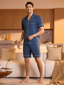 SHEIN Provexi 男士短袖上衣與短褲居家休閒套裝 - 藍色 - 查看 5