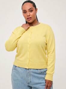 SHEIN BASICS 純色休閒傳統優雅長袖大尺碼開襟衫，適合秋季/返校季教師節辦公正式場合畢業典禮，奶油黃 - 淡黃色 - 查看 4