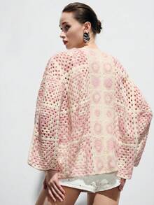 SHEIN 女款幾何圖案鉤編寬鬆蝙蝠袖針織開襟衫，度假、海灘、外出、夏威夷、度假村穿著，和服風秋季外套 - 粉色 - 查看 5