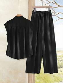 Rusticease 2 Peças Conjunto Feminino de Top Sem Mangas com Gola Redonda Sólida e Calça com Estampa Floral, Roupa Casual de Férias, Conjuntos de Roupas Femininas - Preto - Visão 2