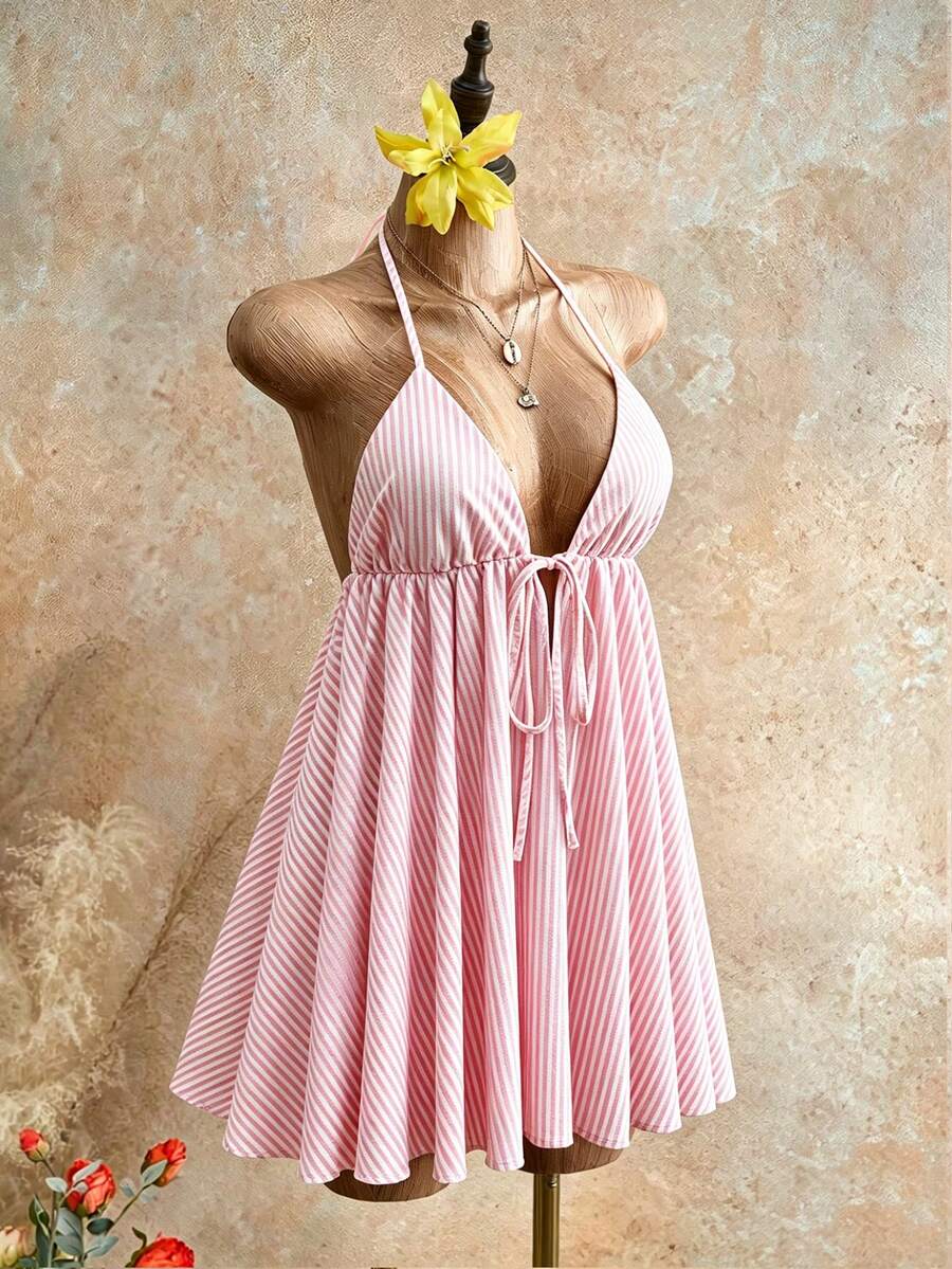 Mistrie 夏季海灘度假新款紋理粉色條紋澎澎裙性感露背傘裙迷你短洋裝女款 - 粉色 - 查看 1