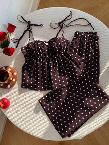 Conjunto de 2 piezas de camiseta de tirantes y pantalones con estampado de lunares, estilo casual de primavera para mujer. Conjunto de 2 piezas de lunares lindo para verano - Café integral - Ver 7