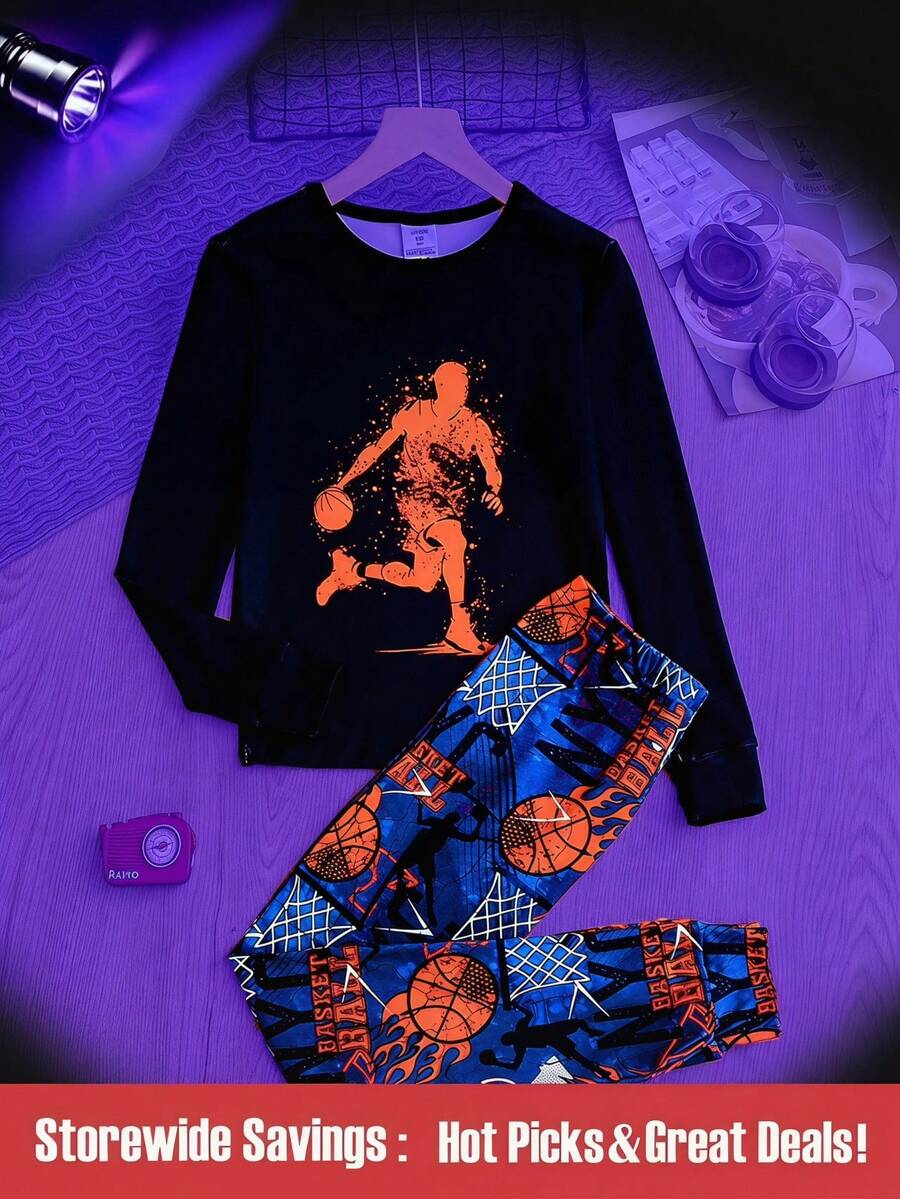 SHEIN 2 件套柔软舒适青少年男孩睡衣,时尚运动服,篮球印花,夜光,休闲长袖上衣和裤子家居服套装 - 黑色 - 查看 1
