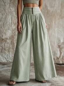 SHEIN Holidaya Light Green & White Vertical Striped High-Waist Wide Leg Pants, Button-Detail Waistband Casual Trousers - Green - View 4