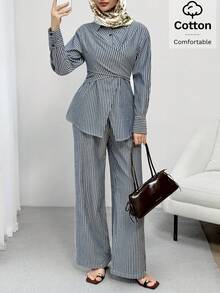 Solavon Conjunto de dos piezas estilo camisa versátil para uso diario y oficina, estilo Old Money coreano, con diseño envolvente que define la cintura - Azul Marino - Ver 3