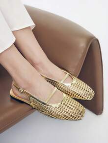 Mnmlis Exquisite gewebte Cut Out flache Damenschuhe, modisch und bequem, elegante flache Schuhe mit eckiger Zehenpartie - Gold - Übersicht 2