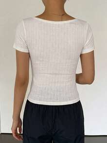 DAZY 女款方領短袖修身 T-shirt 夏季 - 白色 - 查看 3