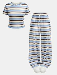 SHEIN Kids Teen Girls Blue Striped 2-Piece Set Tween Girl Clothes Preppy Style Squishy Set Co-Ords - Multicolor - View 6
