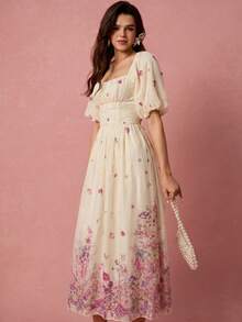 Enchnt Summer Elegant Women's Pink Floral Floral Print Square Neck Petal Sleeve Long Dress, Holiday Vacation Sweet Picnic Vacation Prom Birthday Ceremony - Pink - View 7
