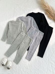 SHEIN 6pcs/Set Unisex Baby Boy & Girl All-Match Minimalist Casual Fun Print Woven Label Round Neck Long Sleeve & Long Pants Multi-Piece Set, Suitable For Home, Comfortable Warm Soft Fabric - Multicolor - View 2