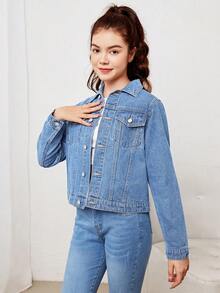 SHEIN Teen Girl Long Sleeve Single-Breasted Casual Versatile Denim Jacket - Light Wash - View 4