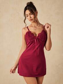 HautHeat Women's Bow Decor Camisole Nightgown And Cardigan Casual Daily Home Pajama Set - Burgundy - View 7