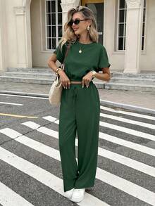 Serisse Batwing Sleeve Crop Top & Drawstring Waist Pants Textured Fabric Two Pieces - Dark Green - View 3