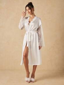 SHEIN 女款對比蕾絲長袖優雅圓弧下擺睡袍 - 白色 - 查看 6