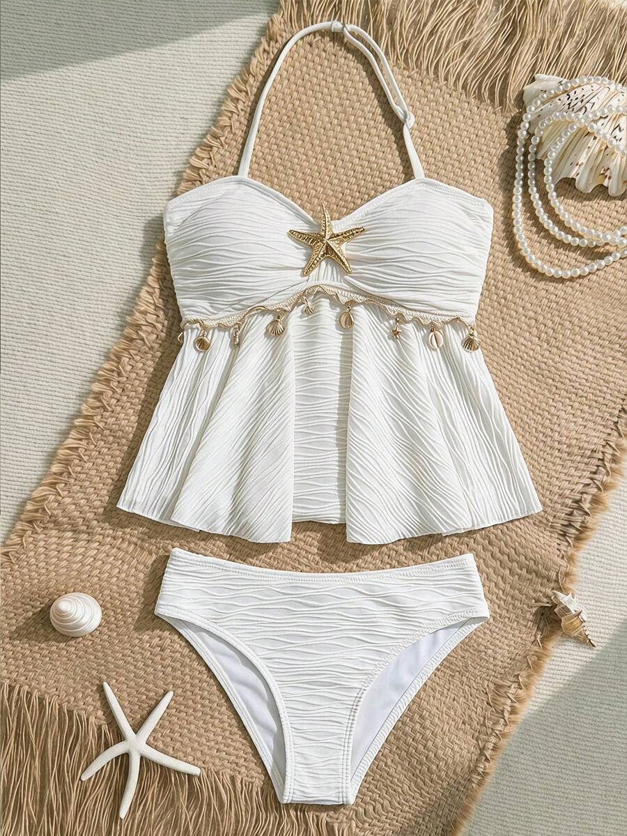 SHEIN Tween Girls Tween Girl Tankini Set, Knitted Jacquard Cream Dopamine Light Yellow Starfish Fringe Decor Halter Neck Ruffle Swimsuit - Yellow - View 1