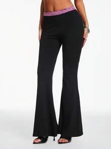 Hanevo Women's Solid Color Lace Patchwork High Waist Slim Fit Flared Pants, Versatile For Daily Wear - Black - View 4