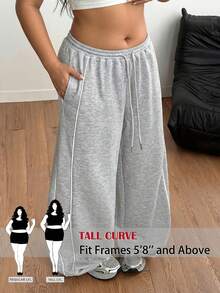 SHEIN Tall CURVE 大码休闲运动抽绳阔腿裤 - 淺灰色 - 查看 9