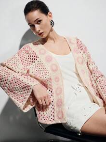 SHEIN 女款幾何圖案鉤編寬鬆蝙蝠袖針織開襟衫，度假、海灘、外出、夏威夷、度假村穿著，和服風秋季外套 - 粉色 - 查看 7