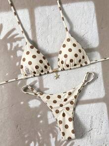 Soleia Women's Retro Sexy Polka Dot Contrast Color Print Halter Bikini Set Beach Party White With Black Polka Dots Summer - Multicolor - View 2