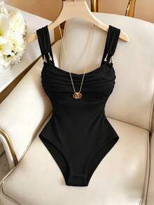 Selianne Women's Summer Beach Vacation Casual Daily Commute Minimalist Versatile Solid Color Metal Decor Ruched Bust Cami Bodysuit - Black - View 5