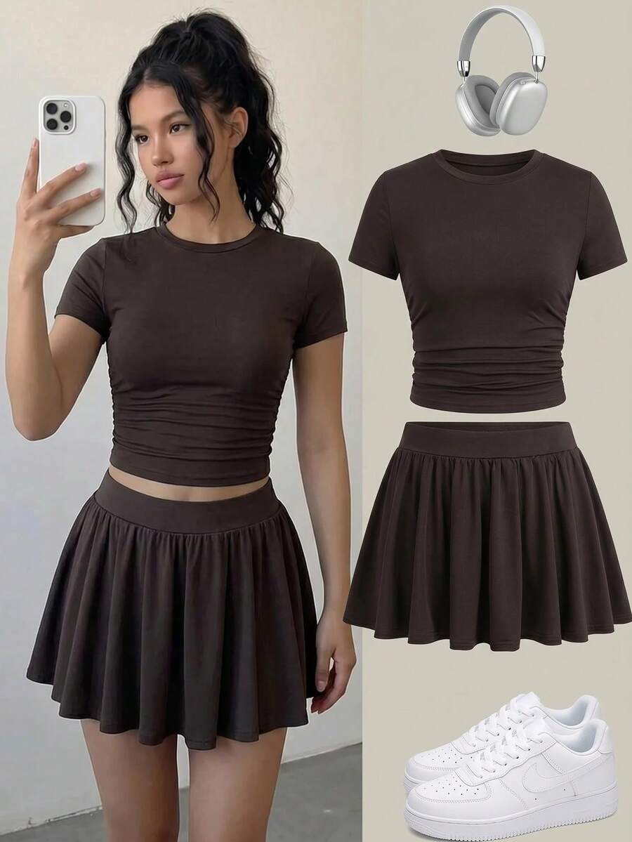 SHEIN 青少年女孩夏季修身T恤與裙子兩件套,新款夏季藍色純色短袖T恤防走光裙套裝,女孩日常通勤百搭套裝,適合日常通勤、優雅、派對家庭聚會、畢業禮物、度假穿著 - 棕色 - 查看 1