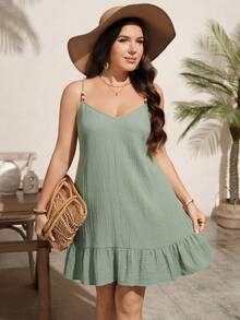 SHEIN LUNE Đầm dây quai mảnh nữ size lớn màu trơn xếp ly phong cách thường ngày, đi tiệc, du lịch - màu xanh lá - Xem 6