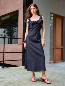 MOTF PREMIUM SPRING/SUMMER WOMEN'S RUFFLE COLLAR WAIST-CINCHING DENIM DRESS - Blue - View 8