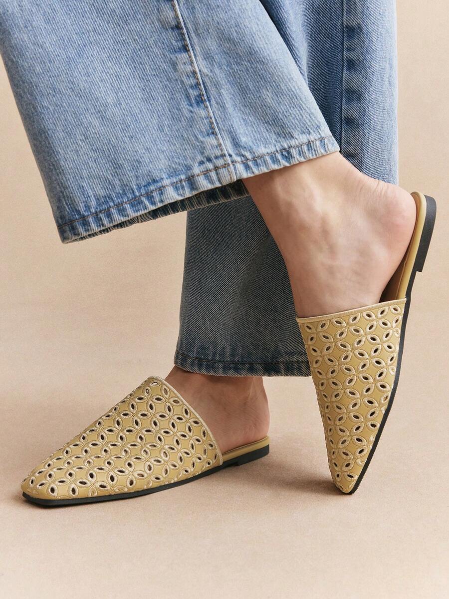 Rosivie Zapatos planos para mujer de moda nueva con tejido calado, punta cerrada cuadrada, sin cordones y suela dorada - Oro 1 - Ver 1