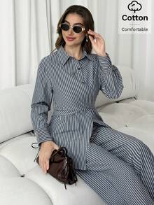 Solavon Conjunto de dos piezas estilo camisa versátil para uso diario y oficina, estilo Old Money coreano, con diseño envolvente que define la cintura - Azul Marino - Ver 4