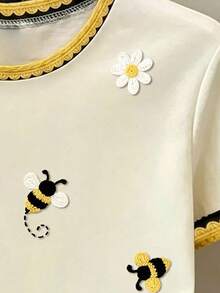 Mädchen Kurzarm T-Shirt, Allover-Muster, süßer Rüschen-Rundhals, Bienen- und Gänseblümchen-Faux-Stickerei-Muster, lässig, vielseitig kombinierbar für den Alltag - Verschiedenfarbig - Übersicht 4