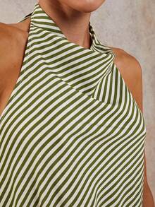 COSMINA Spring Summer Women's Elegant Vacation Striped Halter Neck 2 Pieces Set - Olive Green - View 7