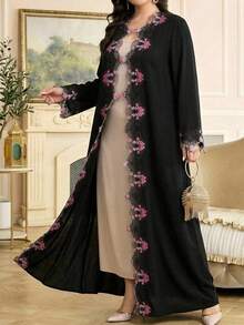 Al Najma 大尺碼女款花卉刺繡圖案休閒派對旅行長袍 - 黑色 - 查看 7