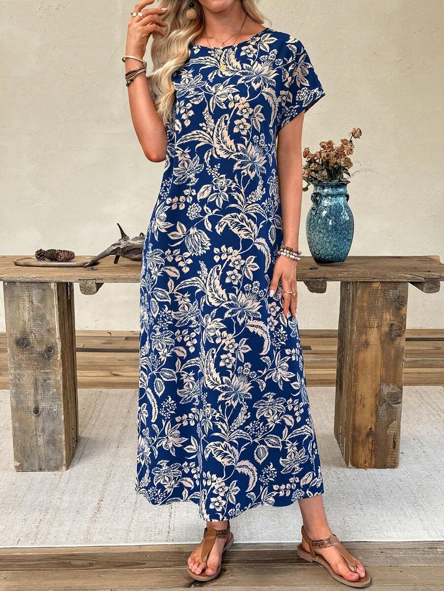 EMERY ROSE Vestido largo casual de fiesta con cuello redondo y estampado integral para mujer - Multicolor - Ver 1