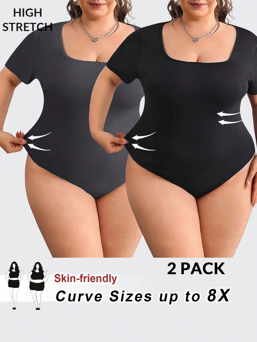 SHEIN CURVE+ 2件組大尺碼黑白短袖緊身上衣 - 彩色 - 查看 1