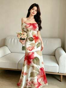 Modelyn 紅色大花卉植物圖案性感露肩抓皺洋裝，女款露肩收腰長版美人魚設計洋裝，金色紋理圖案優雅成熟風雪紡洋裝，夏季度假風穿搭 - 彩色 - 查看 4