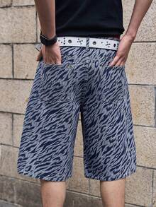 Manfinity EMRG Men's Pocketed Zebra Print Oversized Wide Leg Denim Shorts, Holiday - Blue - View 2