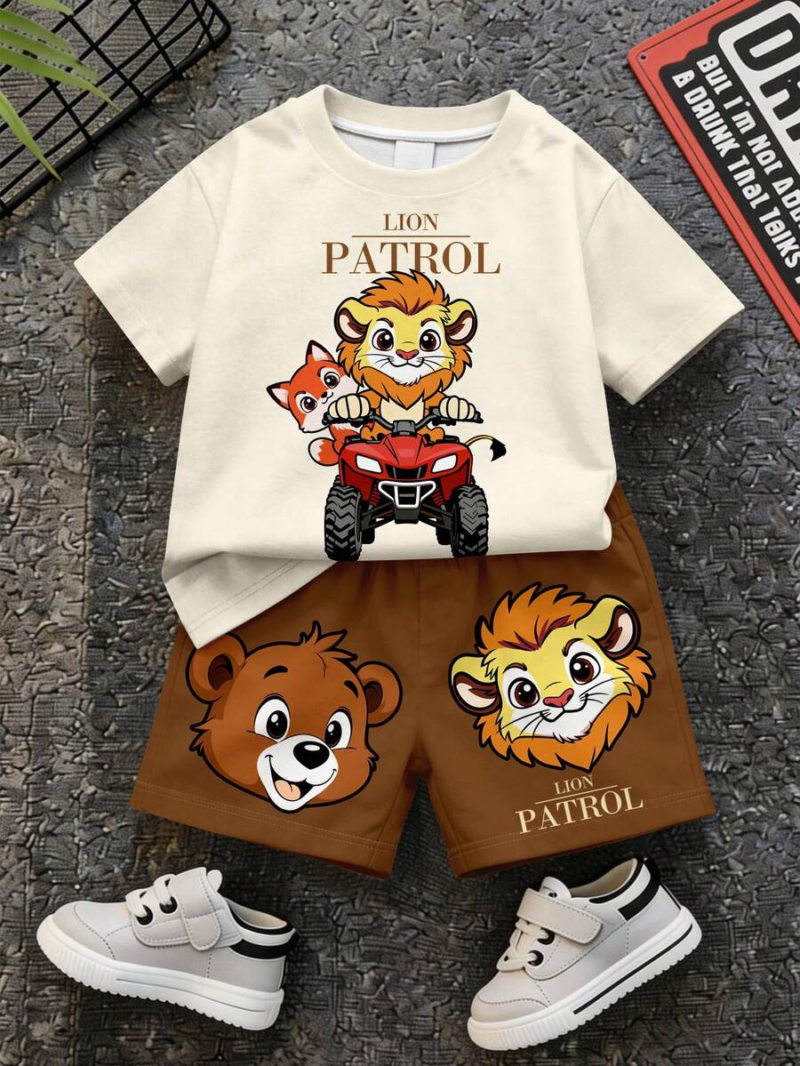 Baby Boy Casual Minimalist T-Shirt Set Suitable For Summer, Classic Cute Cartoon Lion, Bear, Fox Driving Pattern Print - Multicolor - View 1