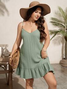 SHEIN LUNE Đầm dây quai mảnh nữ size lớn màu trơn xếp ly phong cách thường ngày, đi tiệc, du lịch - màu xanh lá - Xem 7