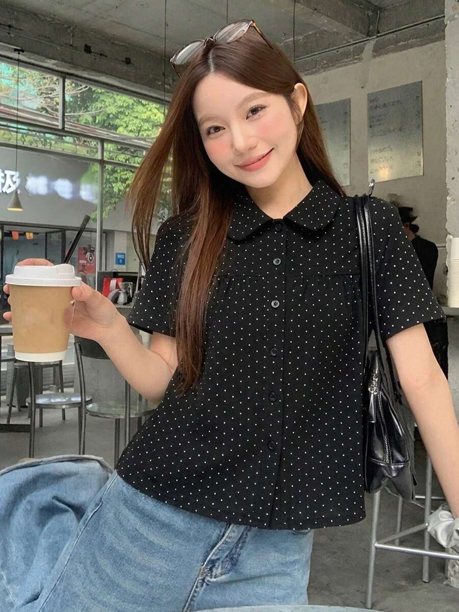 DAZY 女款翻領波點韓式風格滿版印花襯衫 夏季 - 黑色 - 查看 1