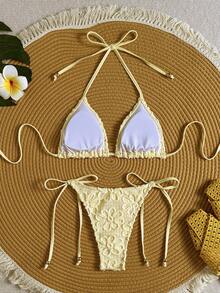 Swim Mod 女款夏季海灘3D花卉印花掛脖綁帶性感比基尼三角褲兩件式泳衣套裝 - 鵝黃色 - 查看 4