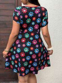 Sunnyshic Betty Boop x SHEIN Plus Size Women's Vacation Cartoon Print Deep V-Neck Tie-Front Dress Going Out Holiday Black Summer 90s Cute Kawaii Y2k - Black - View 3