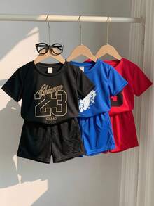 SHEIN 3件/組兒童夏季服飾 幼男舒適休閒風圓領短袖T恤 條紋T恤上衣 織標裝飾短褲 2件/組 超高CP值多件套裝 適合戶外玩耍、街頭風、派對、居家休閒 - 彩色 - 查看 7