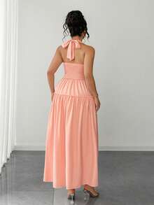 SHEIN Clasi Plus Size Women's Square Neck Pleated Top With Crisscross Back, Open Back, Off-Shoulder, Bow, Ruffle Hem, A-Line Maxi Dress, Elegant Peach Formal Party Bridesmaid Dress, Wedding Guest Dress, Plus Size Friendly, Ruffle Hem, Vacation, Casual, Design-Driven Plus Size Evening Gown, European And American Style, Beach, Women's Elegant Dress, Women's Summer Dress - Coral Pink - View 2