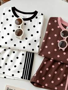 SHEIN LMoss Kids 少女休閒時尚圓領短袖波點T恤與休閒短褲兩件套，適合夏季、休閒放鬆、返鄉 - 彩色 - 查看 6