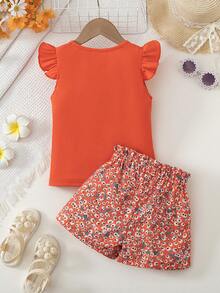 SHEIN Elladie kids 女童2件套：桃紅色針織圓領短袖套頭上衣搭配桃紅色花卉3D蝴蝶結短裙，適合日常出遊與玩耍，適用4-7歲女童，春/夏 - 橘色 - 查看 2