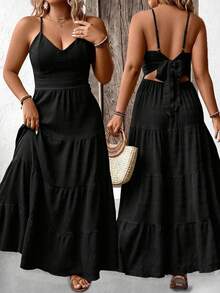 Breezaya Plus Size Solid Color Ruffle Hemline Backless Spaghetti Strap Sleeveless Dress For New Year Clothes, For Thanksgiving Maxi Women Outfit - Black - View 1