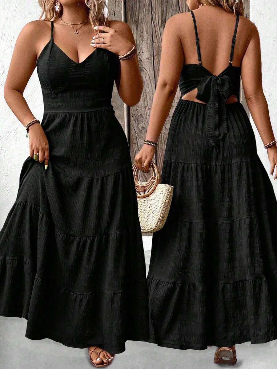 Breezaya Plus Size Solid Color Ruffle Hemline Backless Spaghetti Strap Sleeveless Dress For New Year Clothes, For Thanksgiving Maxi Women Outfit - Black - View 1