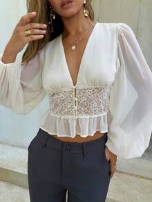 Aloruh Women's Deep V-Neck Pleated Casual Versatile Daily Outing Shirt - Apricot - View 7
